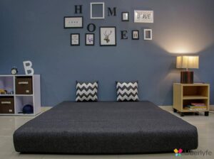 black sofa cum bed with pillows (2)
